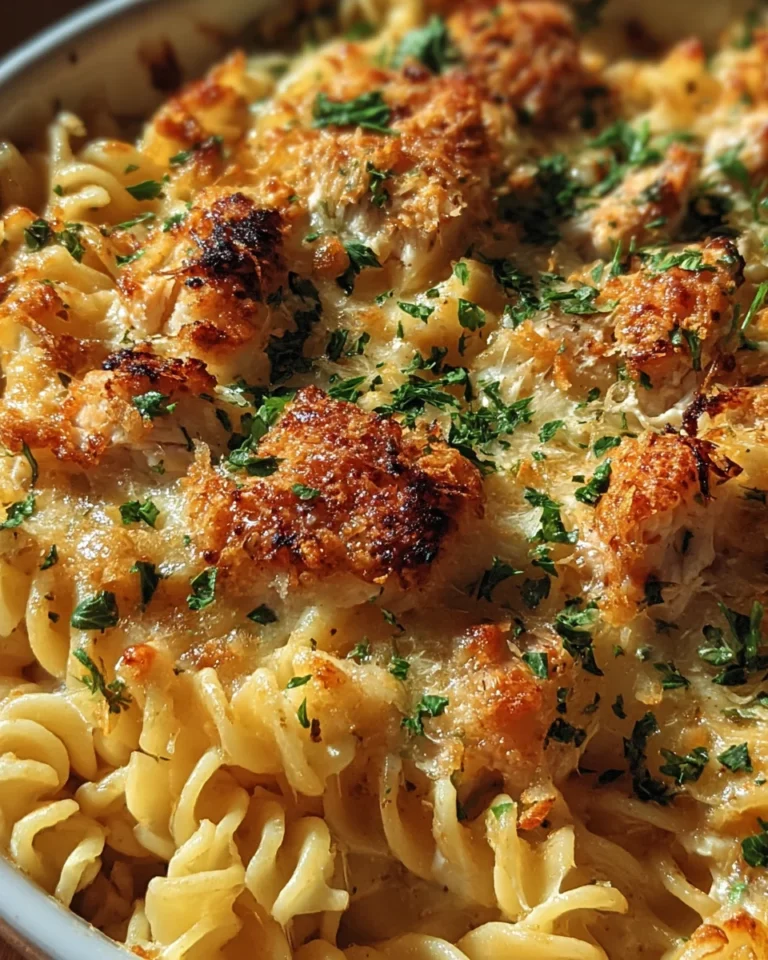 Knuspriger Nudel-Haehnchen-Auflauf mit Knoblauch und Parmesan