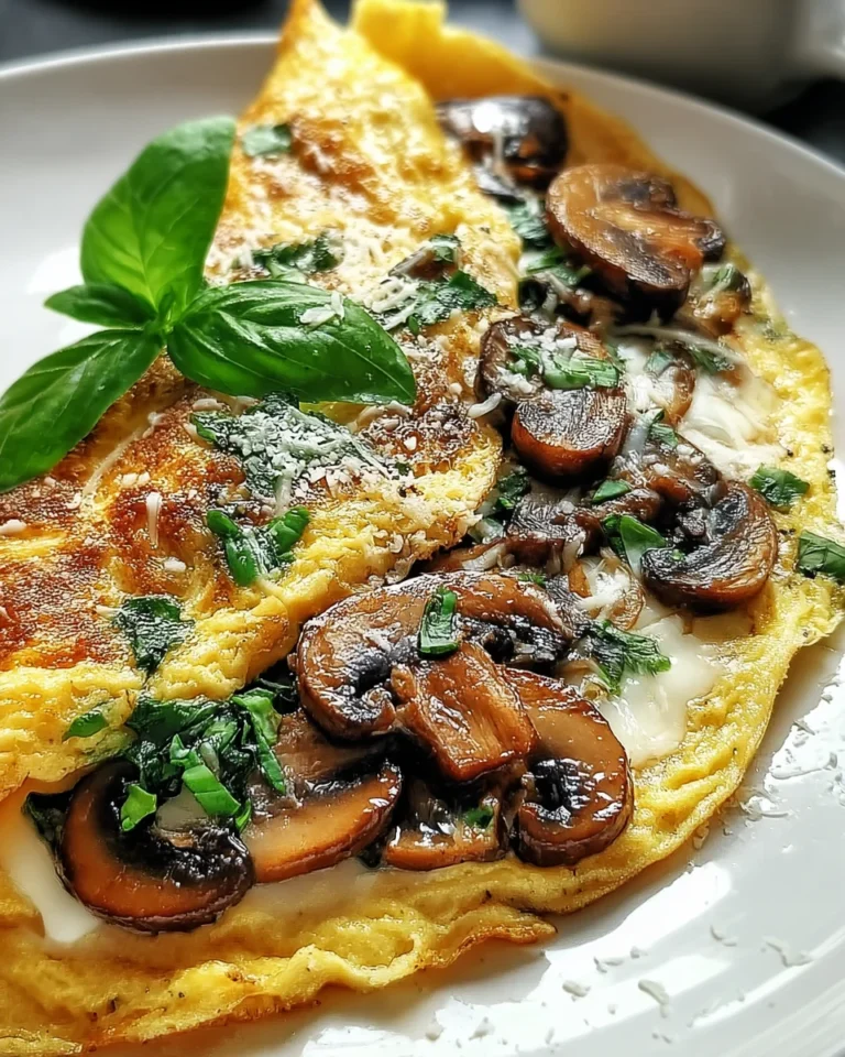 Nahrhaftes Omelett mit Pilzen und Basilikum