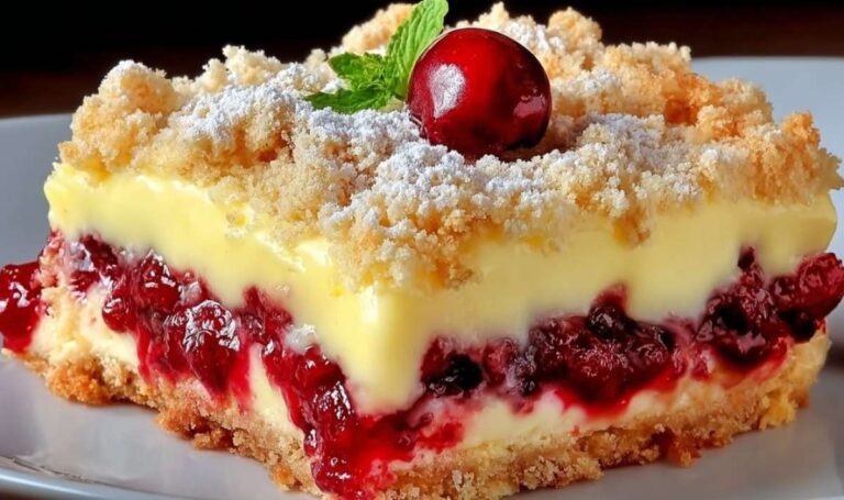 Kirschkuchen mit Streuseln und Vanillepudding